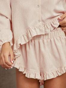WESTFADE Striped Woven Collared Button Front High-Low Ruffled Shirt & High-Rise A-Line Ruffled Shorts Spring, Resort Wear, Summer, Vacation, Beach, Casual, Cute, Coastal, Cowgirl, Boho, Festival, Country Concert Outfit, Rodeo, Nashville, Western Wear For Women - Baby Pink - View 6