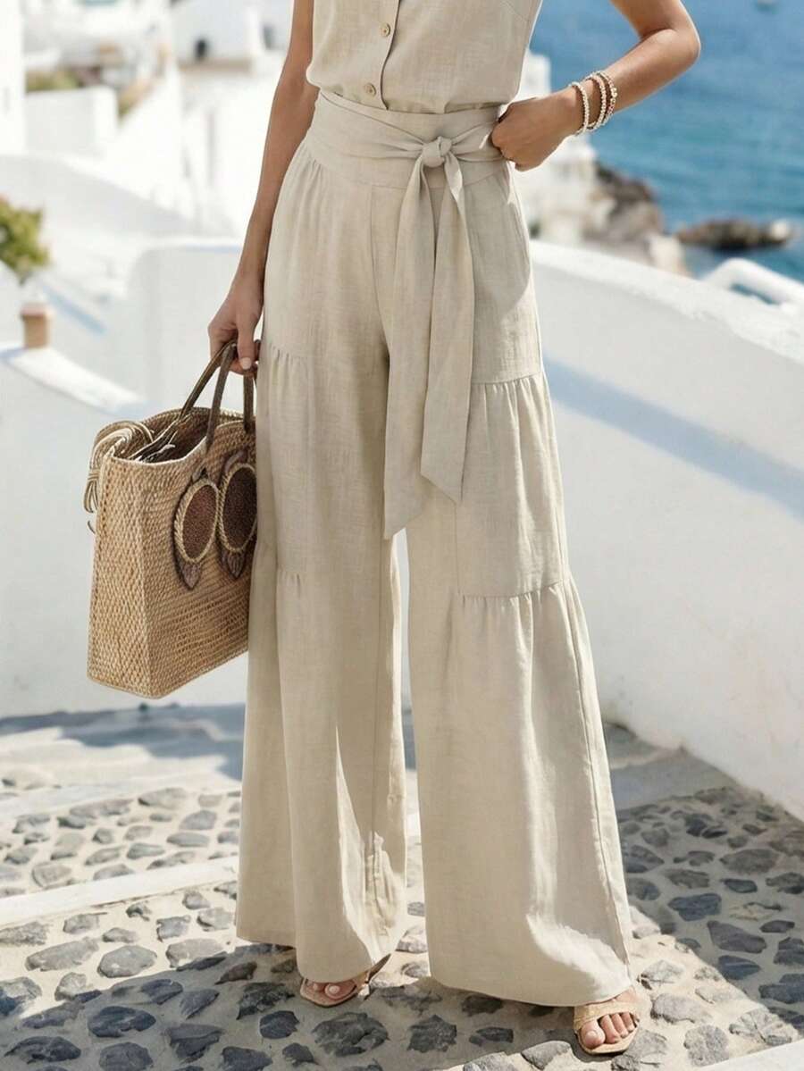 Louniche Women's Casual Waist Tie Design Print Contrast Color Wide Leg Pants, Versatile For Outdoor And Indoor Wear, Spring/Summer - Khaki - View 1