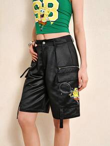 SpongeBob SquarePants | SHEIN Women's Fashion Design Summer Cargo Style Denim Shorts - Black - View 4
