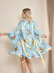 SpongeBob SquarePants | SHEIN 女士卡通印花系带睡袍 - 藍色 - 查看 2