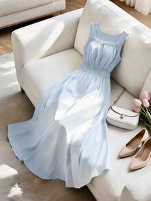 GlowEve 法式蓝色腰部设计方领吊带A字连衣裙，女士夏季度假飘逸连衣裙 - 藍色 - 查看 5