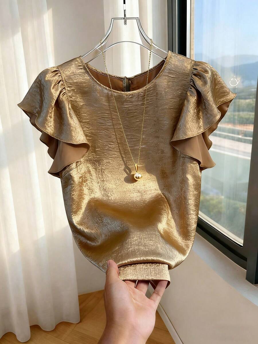 Franclia Women's Elegant Gold Blouses Summer Party Round Neck Ruffle Sleeve Tops Commuting Versatile Workplace Shirts Graduation Mom Wear Casual New Arrival - Gold - View 1
