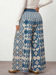 Enliva Plus Size Women's Paper Bag Waist Tied Loose Wide Leg Pants Valentine's Day, For Apple And Rounded Body Shape - Blue and White - View 2