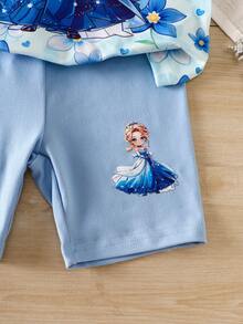 Cartoon Character Print Round Neck Short Sleeve Casual T-Shirt And Shorts Set For Young Girls - Multicolor - View 6