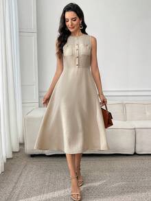 Miaspire Women's Solid Color Round Neck Elegant Office Midi Dress, Sleeveless,Summer Outfit For Women,Festival Outfits For Women,Elegant Dresses For Women,Work Outfits For Women,Summer Dresses For Women - Apricot - View 3