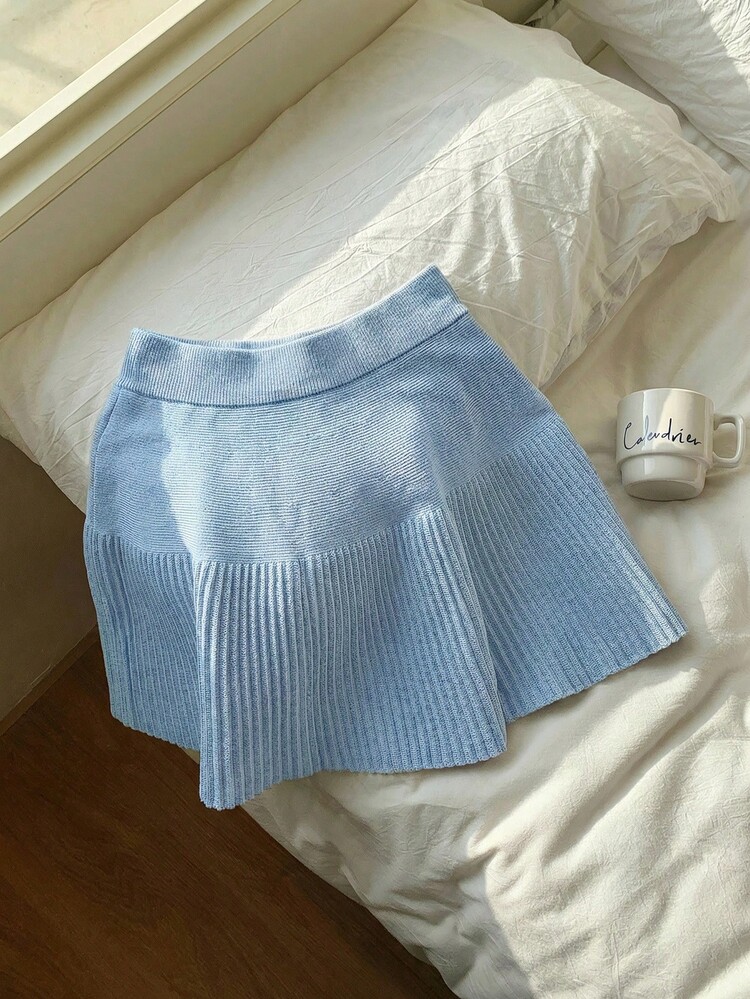 Comfortcana Women's Solid Color Elastic Waist Casual Short Knit Skirt, Light Blue, Spring/Summer - Baby Blue - View 1