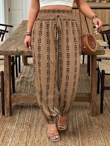 SHEIN LUNE Quần Harem cạp chun in họa tiết cỡ lớn, quần thường ngày thoải mái cho kỳ nghỉ. - Nhiều màu - Xem 7