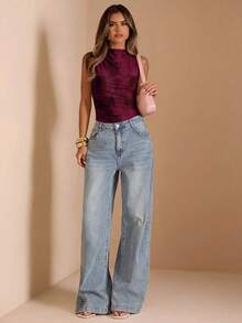 SHEIN BAE Women's Mock Neck Sleeveless Ruched Bodysuit - Multicolor - View 5