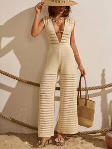 Backless Knit Jumpsuit With Wide Legs - Cream - View 4