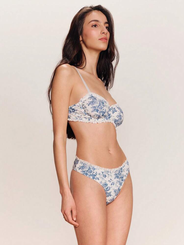 Blue Floral Print Lingerie Set With Lace Trim And Bow Details, Underwire Bra And Sexy Matching Panty Spring Summer French Style Parisian Style Blue And White Lingerie Bra And Panty Set Lingerie For Women
