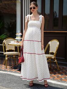 Momance Women's Long Ditsy Floral Spaghetti Strap Tie Bow Elegant Maternity Dress - Apricot - View 1