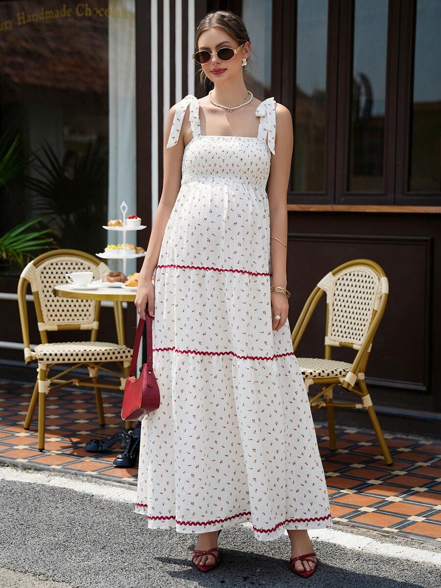 Momance Women's Long Ditsy Floral Spaghetti Strap Tie Bow Elegant Maternity Dress - Apricot - View 1