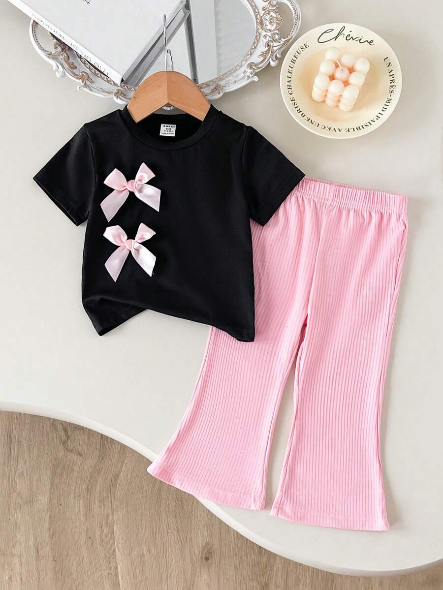 SHEIN Playful Pals 2025年夏季新款女婴休闲时尚上衣,蝴蝶结拼接设计,搭配黑色喇叭裤,修身显瘦,增高效果 - 黑色 - 查看 1