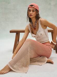 Bohemela Women's Beige Summer Boho Vacation Holiday, Vintage Ombre Tie-Dye Distressed Hollow Out Knit Pants, Loose Low Waist Casual Trousers, Y2k - Khaki - View 6