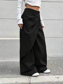 SHEIN EZwear 大码女式纯色阔腿宽松休闲裤 - 黑色 - 查看 6
