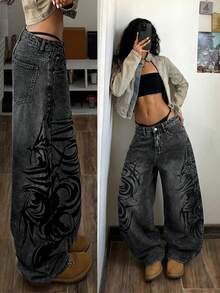 StreetHx Fashionable Casual Street Style Retro Print Loose Fit Denim Wide Leg Pants - Light Grey - View 5