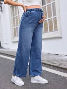 SHEIN 宽松阔腿牛仔裤，蓝色，夏季波西米亚风薄款牛仔阔腿裤 - 中等水洗藍 - 查看 4