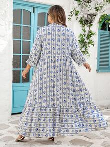 SHEIN CURVE+ Curve 尺码 US22 音乐节、海滨度假、波西米亚风女士蓝白海星印花夏季长裙，舒适百搭，适合度假波西米亚风格 - 白色 - 查看 3