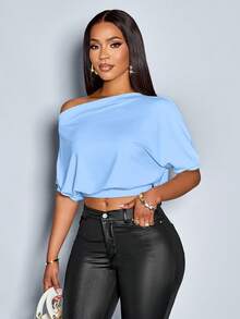 SOLERSUN Women's Solid Asymmetrical Neck Ruched Shoulder Tee - Blue - View 4