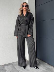 Jeta Ari 女士条纹裹身休闲和服套装，优雅办公室/通勤两件套西装，黑色，秋冬办公室警笛套装 - 黑色 - 查看 6