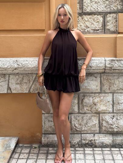 Theaadoraa 女式休闲纯色荷叶边下摆挂脖连衣裙，夏季