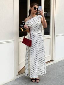 Elyressa 女士优雅露肩波点夏季长裙 - 杏色 - 查看 3