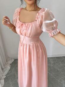 Selianne Women's Dusty Pink Summer Elegant Wedding Ninang Dress,Square Neck Tie Front Ruffle Hem Puff Sleeve Waist Fit Flare Elegant Fashion Retro High-End - Coral Pink - View 8