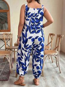 SHEIN LUNE CURVE Plus Size Women Spring/Summer Fashion Adjustable Waist Printed Jumpsuit - Blue - View 2
