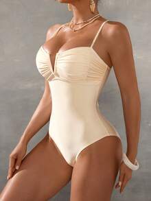 Shapewave 女士纯色褶皱性感吊带连体泳衣，适合海滩度假，收腹塑形，女士连体泳衣，后背系带泳衣，女士塑身泳装，女士收腹泳衣 - 杏色 - 查看 5