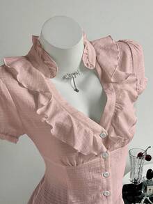 Elamini 女士白色V领荷叶边修身花瓣袖衬衫 - 粉色 - 查看 6