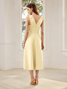 MOTF PREMIUM VESTIDO MIDI SIN MANGAS CON CUELLO EN V PARA MUJER, LIGERO PARA CEREMONIAS Y CITAS, PRIMAVERA/VERANO - Amarillo - Ver 3