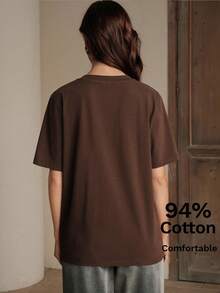 Anewsta Spring/Summer Loose Fit Round Neck Short Sleeve T-Shirt, 94% Cotton, Handmade Pearl Decor - Coffee Brown - View 4