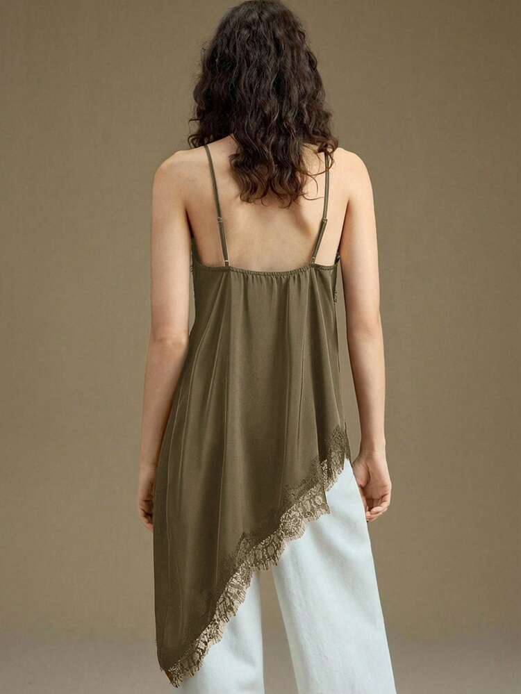 Women's Satin-Faced Crepe Fabric Comfortable Soft Spaghetti Strap Long Top, Fitted Silhouette, Lace Trim Accent, Asymmetric Hemline Design, Modern Urban Casual Business Chic Office Wear, Low-Key Elegant Vibe, High-Quality Airport Fashion, Premium Material, Sophisticated Cruise Attire, Graceful Streetwear Style All-Season Versatile Modern Urban Fashion Business Casual Women's Wear Office Attire Understated Old-Money Style, Elegant And Sophisticated, High-Quality Commuter And Airport Women's Wear