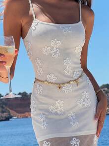 Firerie 女士优雅简约精致浪漫迷人度假沙滩日常派对钩针镂空3D花卉方领无袖长裙，杏色，春夏夏季女装沙滩装连衣裙女士度假套装女士夏季连衣裙 - 杏色 - 查看 1