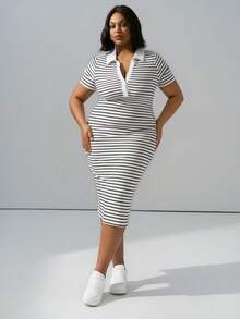Hourglow Plus Size Colorblock Striped Short Sleeve Dress Stripe Dress Midi Bodycon Dress, For Hourglass Body Shape, For Summer - Black and White - View 8