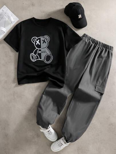 Vacaura 两件套青少年春夏圆领休闲印花T恤和抽绳裤套装，适合日常、通勤、户外活动穿着。