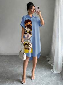 Chiquease Casual Cartoon Print Button Front Dress, Summer - Dusty Blue - View 5
