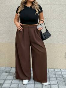 SHEIN CURVE+ Plus Size Women Solid Color Pleated Wide Leg Loose Pants - Coffee Brown - View 2