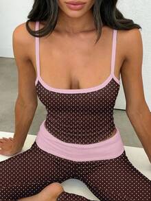 SHEIN EZwear 2026新款波点撞色夏季吊带背心和裤子套装，适合春夏外出穿着，波点印花吊带背心，甜美波点吊带背心，棕色底粉色波点拼接吊带背心 - 彩色 - 查看 4