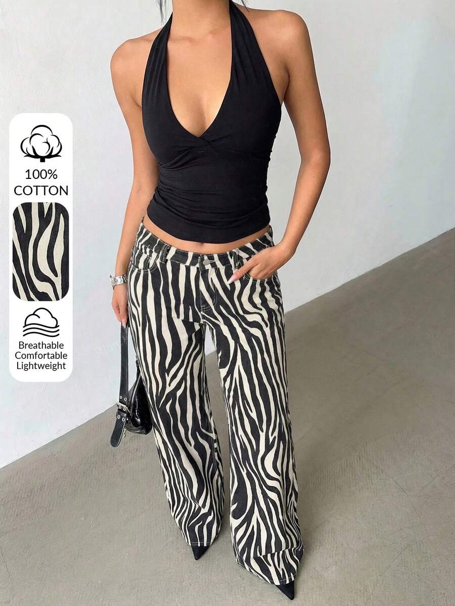 Aloruh Quần jeans nữ ống rộng dáng suông in họa tiết da báo có túi, kiểu dáng thường ngày. - trắng - Xem 1