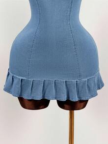 Mistrie 女士牛仔超长高开衩连衣裙 - 藍色 - 查看 4