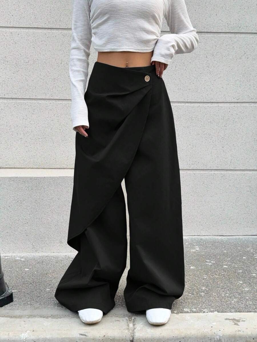 SHEIN EZwear 大码女式纯色阔腿宽松休闲裤 - 黑色 - 查看 1