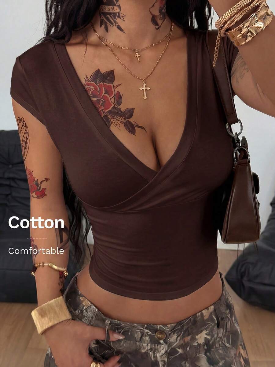 Coolane Áo thun nữ mùa hè phong cách đường phố cổ điển tối giản, chất liệu cotton co giãn, cổ chữ V, màu trắng trơn. - màu nâu - Xem 1