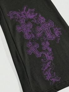 ROMWE Goth Quần ống loe ôm sát eo chữ V họa tiết dây leo dành cho nữ cỡ lớn - Màu tím - Xem 4