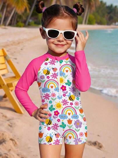 Playful Pals Nuevo traje de baño de una pieza con mangas largas y shorts para niñas, estampado lindo aleatorio para niñas pequeñas/jóvenes