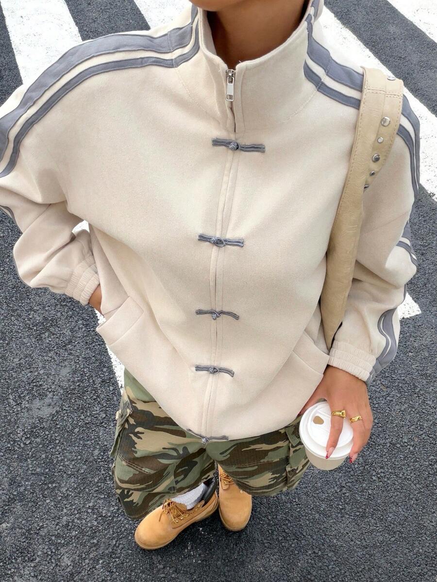Muchica Plus Size Women Spring/Summer Stand Collar Color Block Casual Versatile Lightweight Jacket - Apricot - View 1