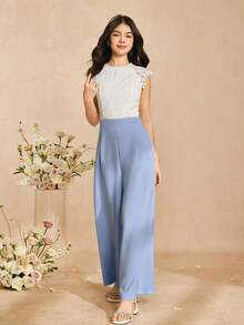 Bộ áo liền quần thanh lịch dành cho bé gái, viền ren, chất liệu vải dệt mềm mại, cạp cao và ống rộng, phù hợp cho mặc hàng ngày, dự tiệc và các buổi tụ họp. - Màu xanh lam - Xem 3