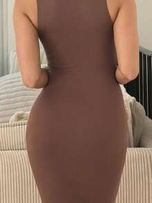 IamThia 极简主义办公室休闲高领无袖修身合身 H 型下摆超长女式毛衣连衣裙，灰色 - 咖啡棕 - 查看 5