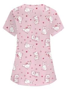 PopScrub 女士粉色V领短袖双口袋可爱卡通图案工作服上衣，萌猫印花，护士医生制服，兽医美容工作服，营养师实验服，多口袋功能性工作服，可爱节日装扮 - 粉色 - 查看 2