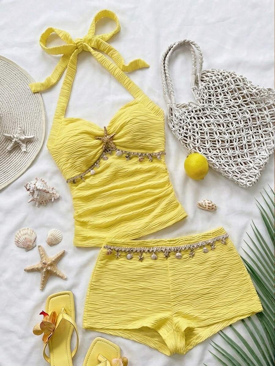 Soleia Women's Metal Starfish Decor Halter Top And Shorts 2 Pieces Set - Yellow - View 1